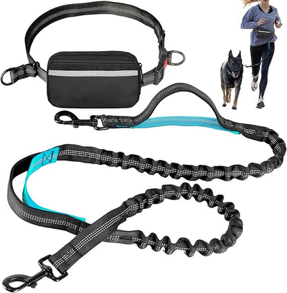 Hands Free Dog Leash with Waist Belt – No-Pull Bungee, Dual Padded Handles & Zipper Pouch for Running, Walking & Training – Adjustable Waist Leash for Large & Medium Dogs (Black)