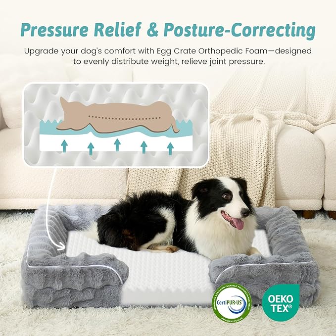COZY KISS Orthopedic Dog Bed for Extra Large Dog, Soft and Warm Faux Fur Sofa for Giant Pet Up to 150 lbs, Foam Bolster Anti-Slip Couch with Washable Removable Cover, XXL 48x35x8 inch, Grey