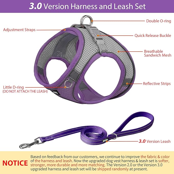 AIITLE Dog Harness, No-Pull Cat Harness with a Leash, Adjustable Reflective Dog Vest, Cat Harness Escape Proof, Outdoor Walking, Running,Training for Extra Small Dogs and House Cats Purple XXXS