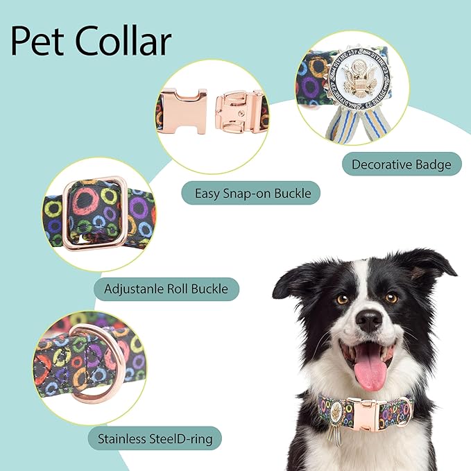Metal Buckle Dog Collar with Dedals, 3-Size Comfortable Adjustable Cotton Dog Collar for Small, Medium, Large Male Female Dogs (Circle, L(15-23in))