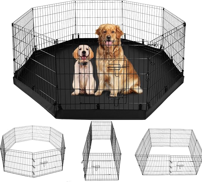 PJYuCien Dog Playpen - Metal Foldable Dog Exercise Pen, Pet Fence Puppy Crate Kennel Indoor Outdoor with 8 Panels 24”H & Bottom Pad for Small Medium Pets