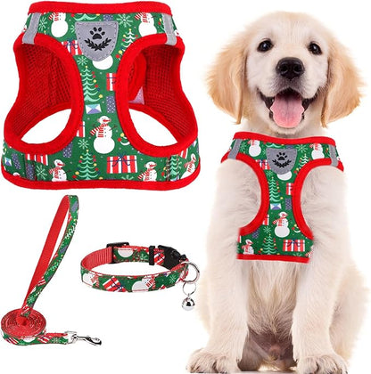 PUPTECK Adjustable Dog Harness Collar and Leash Set Step in No Pull Pet Harness for Small Medium Dogs Puppy and Cats Outdoor Walking Running, Soft Mesh Padded Reflective Vest Harnesses, Christmas, L