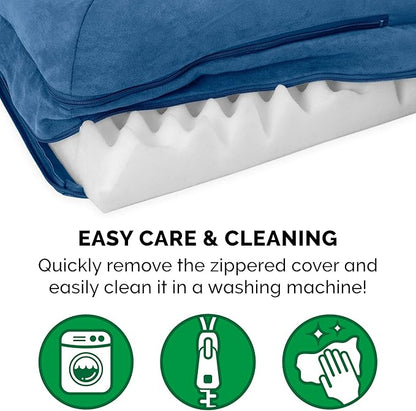 Furhaven Orthopedic Dog Bed for Large/Medium Dogs w/ Removable Bolsters & Washable Cover, For Dogs Up to 55 lbs - Two-Tone Plush Faux Fur & Suede L Shaped Chaise - Marine Blue, Large