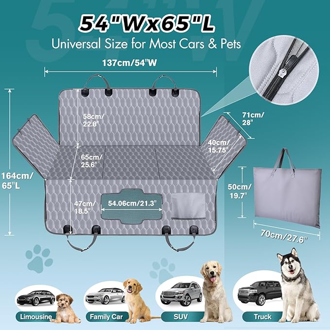 Chumajor Back Seat Extender for Dogs-Supports 400lb,Waterproof Dog Car Seat Cover Hard Bottom-Detachable,600D Heavy Duty Scratch Proof Nonslip Soft,Dog Hammock for Car,SUVs-Grey