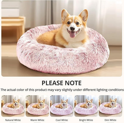 JOLLYVOGUE Calming Dog Bed Large Size Dog, Anti-Anxiety Donut Large Pet Bed, 36 inches Fluffy Faux Fur Round Cat Bed, Fits up to 75 lbs Pets (Smoke Pink)