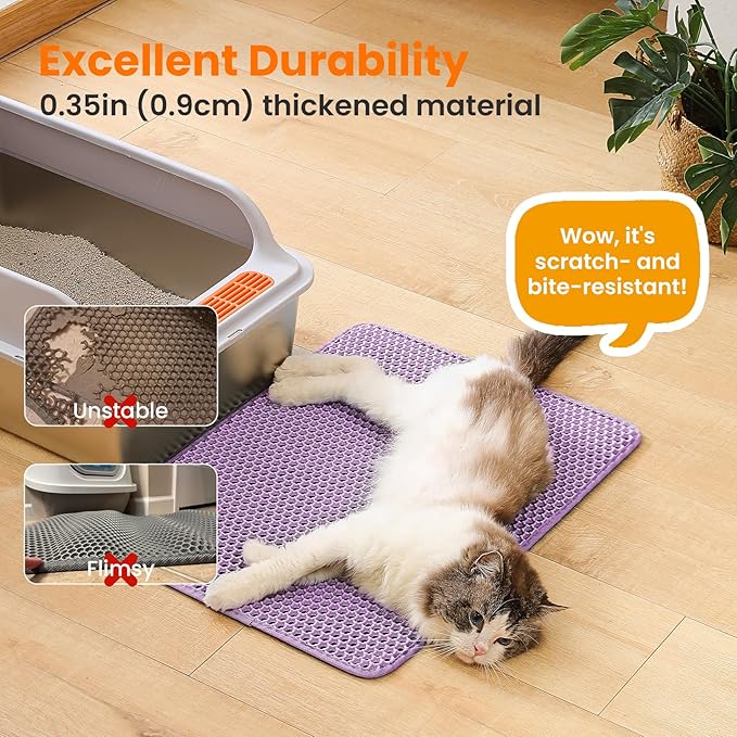 Petinstinct Cat Litter Mat, 24x18 Inches Large Double Layer Honeycomb Cat Litter Trapping Mat, Non Slip Waterproof Urine Proof Cat Litter Box Mat for Floor, Kitty Litter Rug, Cat Supplies, Purple