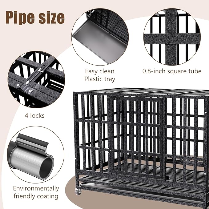SHUSHIM 38 Inch Heavy Duty Dog Crate Kennel with Wheels, High Anxiety Indestructible Dog Crates for Large Dogs, XL XXL Extra Large Dog Crate with Removable Plastic Tray, Two Locks (Black, Square)