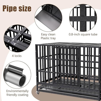 SHUSHIM 38 Inch Heavy Duty Dog Crate Kennel with Wheels, High Anxiety Indestructible Dog Crates for Large Dogs, XL XXL Extra Large Dog Crate with Removable Plastic Tray, Two Locks (Black, Square)