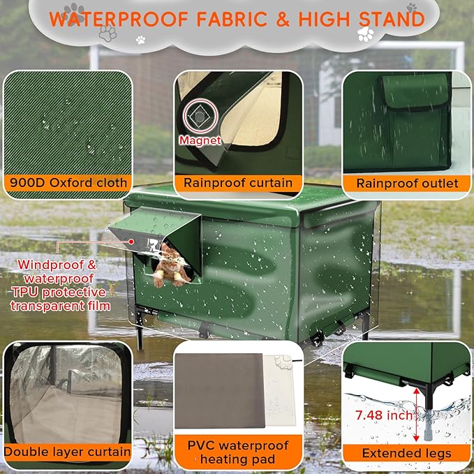 4-in-1 Heated Outdoor Cat House 24.8×22×16.1 inch Weatherproof with Heating Pad, Scratching Bed and Elevated Bed, Waterproof Windproof TPU Rain Cover, Large size Heated Cat House for Outdoor Cats