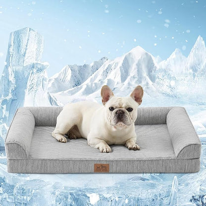 COZY KISS Cooling Dog Bed, Orthopedic Foam Dog Bed with Sides, Removable Cover & Waterproof Lining and Nonskid Bottom, Comfortable Pet Beds for Medium Dogs, Grey (36" L x 27" W x 6.5" Th)