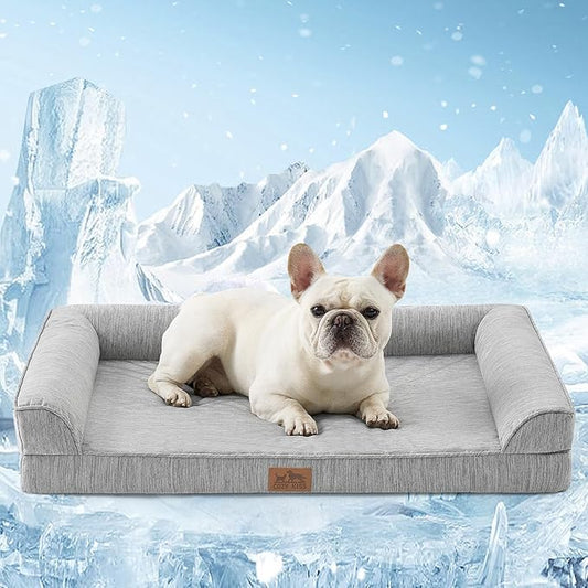 COZY KISS Cooling Dog Bed, Orthopedic Foam Dog Bed with Sides, Removable Cover & Waterproof Lining and Nonskid Bottom, Comfortable Pet Beds for Medium Dogs, Grey (36" L x 27" W x 6.5" Th)