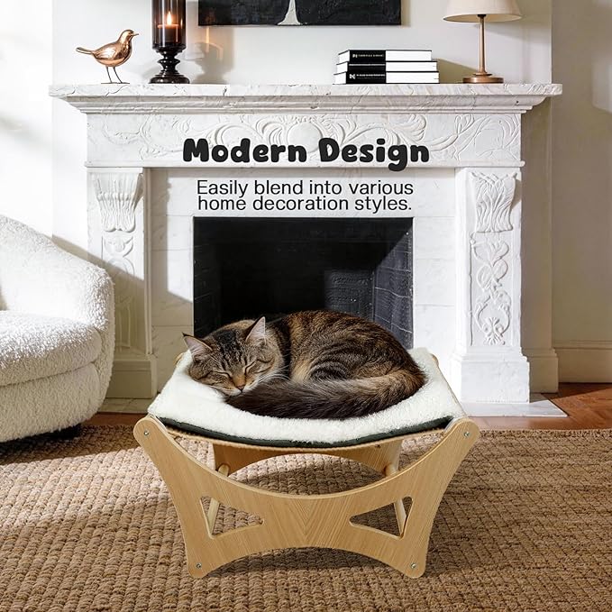 GreenPetopia Cat Hammock Bed, Wooden Elevated Cat Beds with Natural Sisal Scratching Mat, Cats Scratcher Bed with Removable Soft Cushion, Cats Scratching Beds with Wood Frames, 22" L x 17.7" W