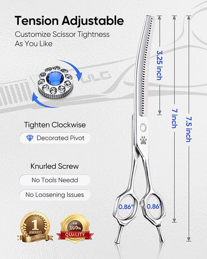 ULG Dog Grooming Scissors 40-Tooth 7.0” Curved Thinning Scissors Seamless 15%-20% Thinning Rate 440C Japanese Stainless Steel Tension Adjustable Left & Right Handed Pet Grooming Shears
