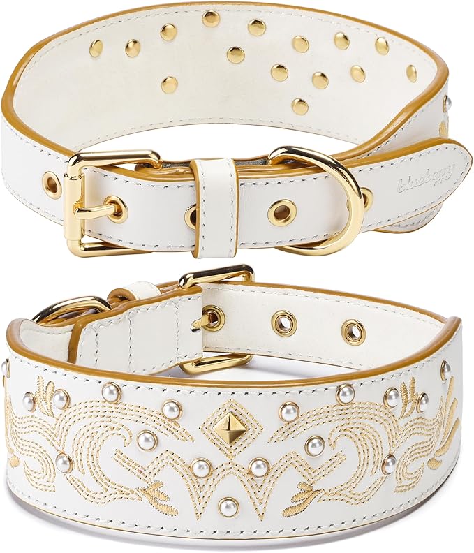 Blueberry Pet Western Genuine Leather Dog Collar for Medium Breeds, Pearl White - Floral Embroidery, Pearl Studs, Adjustable 15-18 Inch Neck, Dog Collars for Medium Dogs