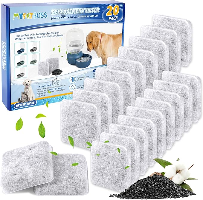 MyfatBOSS 20pack Dog Water Filter Replacement，Dog Water Bowl Dispenser Compatible With Petmate Replendish Mason Automatic Gravity Waterer Bowls，Pet Filters for Water Fountain