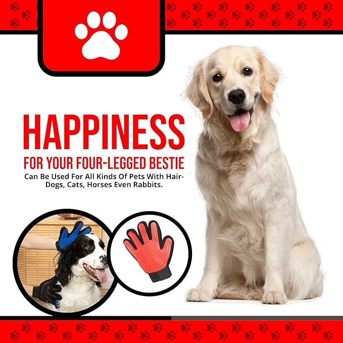 Pet Grooming Gloves – 1 Pair – Deshedding & Bath Massage Mitts for Dogs & Cats – Choose from 5 Colors – Adjustable, Reusable & Easy to Clean (Red)