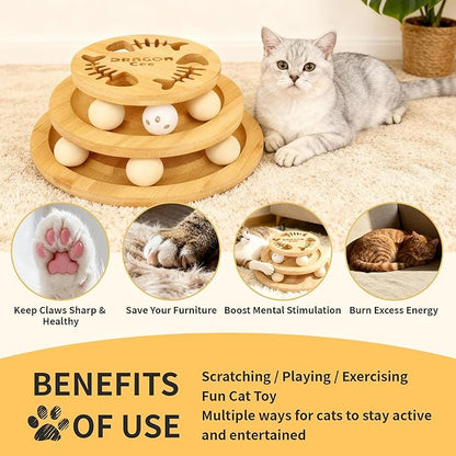 DRAGONCEE Cat Ball Track Toy, Interactive Toys for Indoor Cats, Wooden Tower of Tracks Cat Toy– 3-Level Track Tower with 6 Balls
