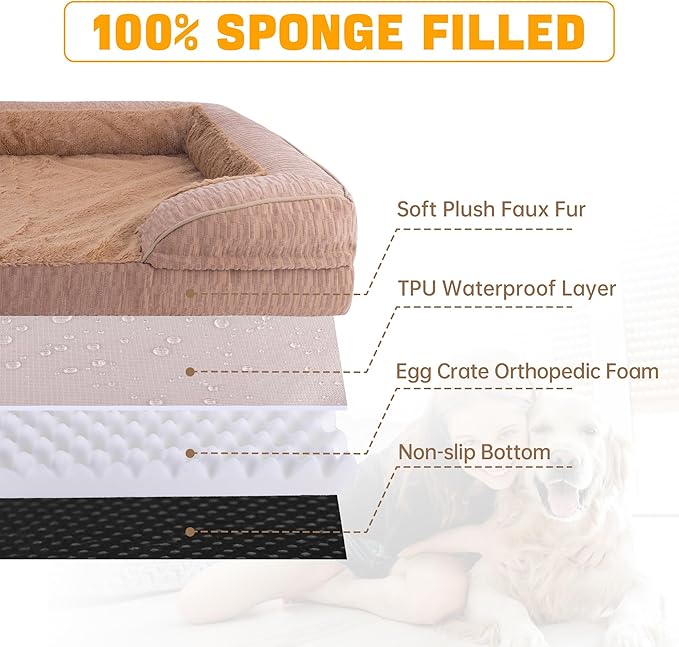 Orthopedic Dog Bed for Extra Large Dogs, 42x30 Inch Waterproof Egg Crate Memory Foam Dogs Bed with Detachable Top, Dog Couch with Zipper Washable Cover, Nonslip Bottom for Living Room, Brown