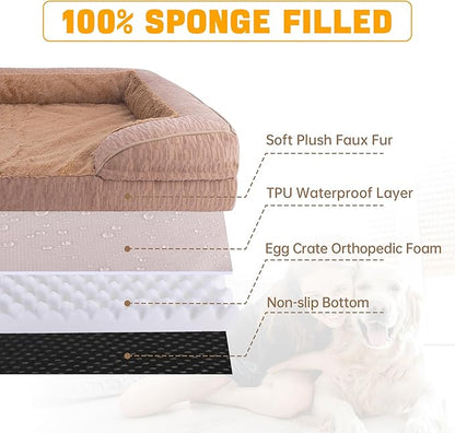 Orthopedic Dog Bed for Extra Large Dogs, 42x30 Inch Waterproof Egg Crate Memory Foam Dogs Bed with Detachable Top, Dog Couch with Zipper Washable Cover, Nonslip Bottom for Living Room, Brown