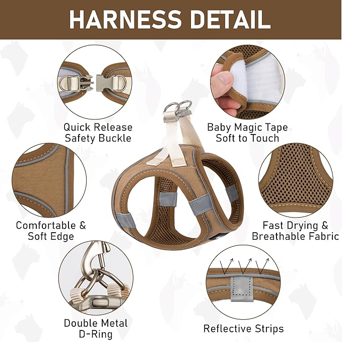 GAMUDA Small Pet Harness Collar and Leash Set, Step in No Chock No Pull Linen Fabric Soft Mesh Dog Vest Harnesses Reflective for Dogs Puppy Cats Kitten Rabbit (Brown, XL)