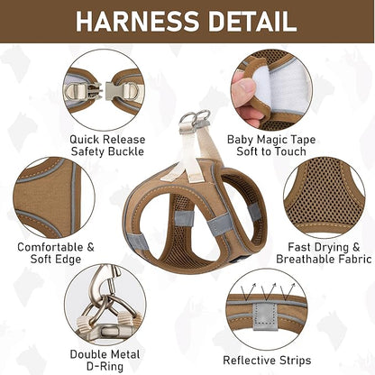 GAMUDA Small Pet Harness Collar and Leash Set, Step in No Chock No Pull Linen Fabric Soft Mesh Dog Vest Harnesses Reflective for Dogs Puppy Cats Kitten Rabbit (Brown, S)