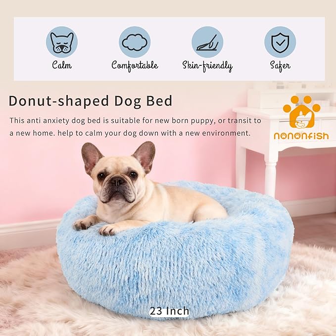 Calming Donut Dogs Beds for Small Dogs Washable,23inch Plush Round Pet Bed for Cozy Sleep,Fluffy Faux Fur Large Cat Bed,Fits up to 25 lbs Pets,Gradient Blue