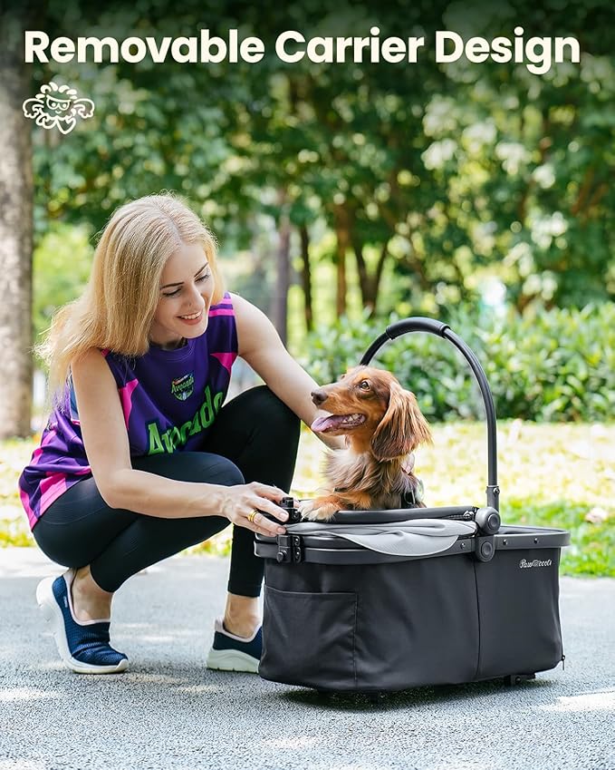 Pawccoli Pet Stroller for Small Dogs and Cats, One-Click Foldable Dog Stroller with Detachable Carrier & 3 Safety Tethers, Holds up to 33 lbs, Storage Basket & Cup Holder, Breathable Mesh, Black