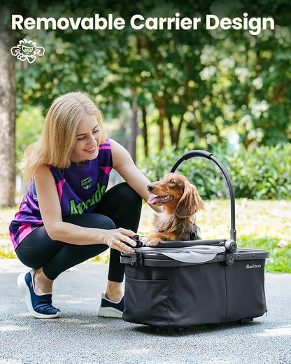 Pawccoli Pet Stroller for Small Dogs and Cats, One-Click Foldable Dog Stroller with Detachable Carrier & 3 Safety Tethers, Holds up to 33 lbs, Storage Basket & Cup Holder, Breathable Mesh, Black