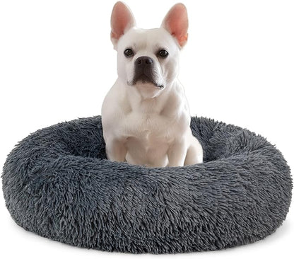 PetAmi Calming Dog Bed for Small & Medium Dogs and Cats, 23” Round Donut Dog Bed, Washable Fluffy Faux Fur Puppy & Cat Bed, Anti-Anxiety Plush Cuddler Pet Bed with Anti-Slip Bottom - Dark Gray