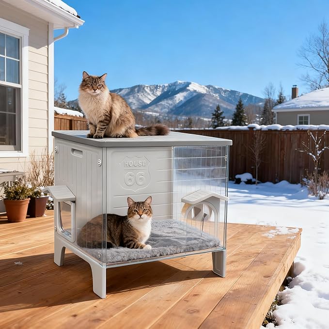 Weatherproof Insulated Outdoor Cat House with Mat for Feral Cat, Plastic Elevated Cat Shelter with Escape Door, Easy Assemble, Expansive Interior‌ Grey 27.0" L x 27.0" W x 21.0" H