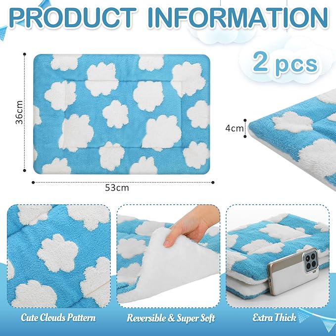 VitalCozy 2 Pack Self Warming Cat Mat Self Heating Pad Bed Reversible Machine Washable Reflects Body Heat Warm Thermal Pet Pad Crate Blanket for Feral and Indoor Cat (Blue, White,21" X 14",Clouds)