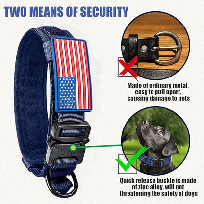 Tactical Military Collar - Adjustable Nylon, Heavy Duty Metal Buckle with Handle for Dog Training, with Patches (Blue, M)