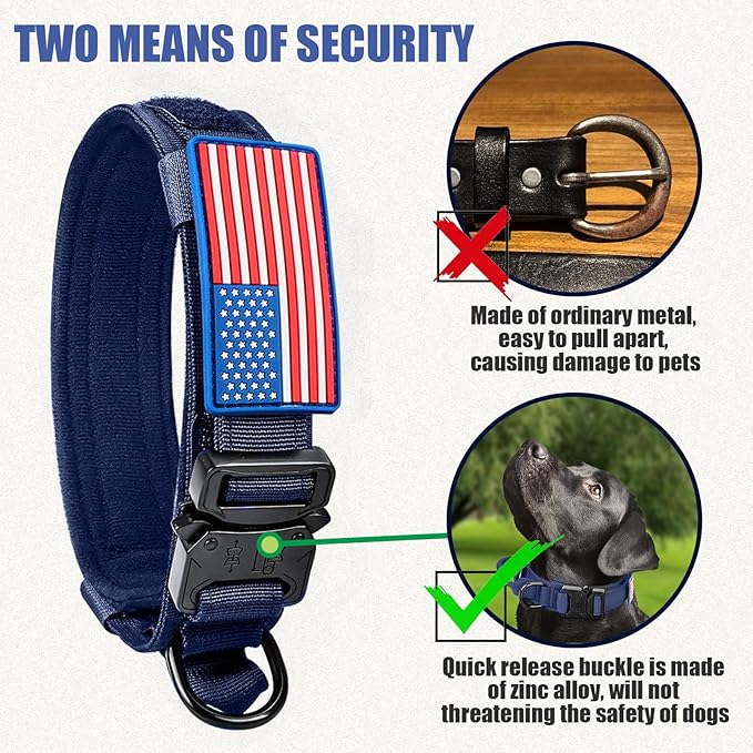 Tactical Nylon Dog Collar - Heavy Duty Metal Buckle with Handle for Dog Training, with Patches (Blue, L)