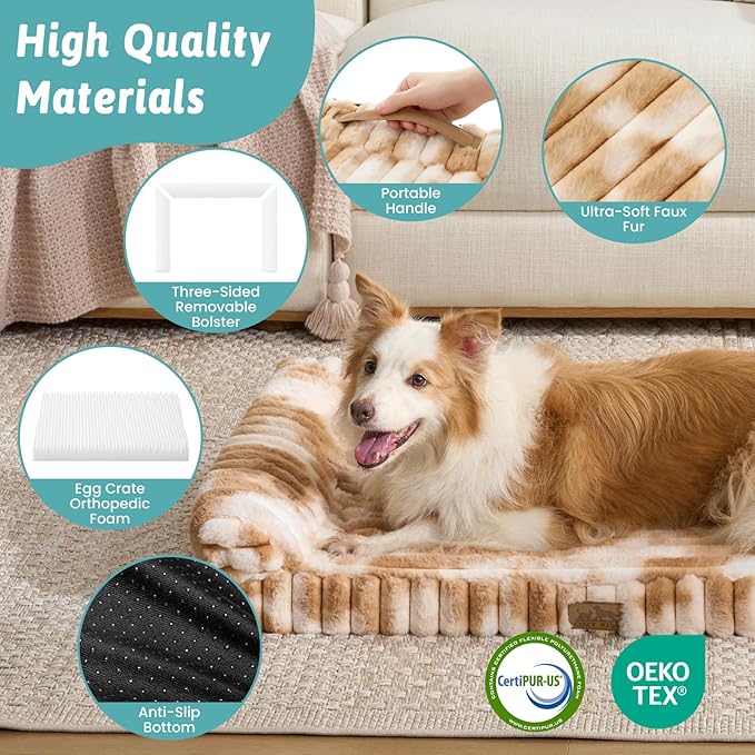 COZY KISS Cute Dog Bed for Medium Dogs, Faux Rabbit Fur Orthopedic Foam Dog Bed with Sides, Removable Washable Cover & Waterproof Lining, Comfortable Pet Couch, Tie-Dye Brown (36" L x 20" W x 6" Th)