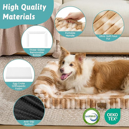 COZY KISS Cute Dog Bed for Extra Large Dogs, Faux Rabbit Fur Orthopedic Dog Bed with Sides, Removable Washable Cover & Waterproof Lining, Comfortable Pet Couch, Tie-Dye Brown (48" L x 35" W x 7.5" Th)