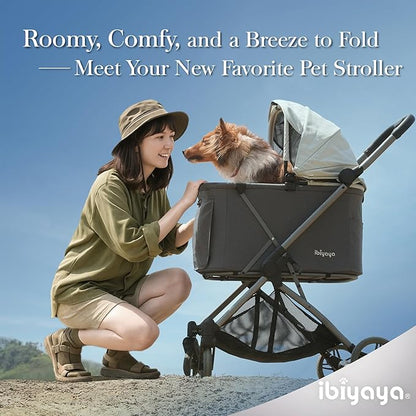 ibiyaya Maxi Deep Carriage Pet Stroller for Cats and Small Dogs – Flat-Free Rubber Wheels, One-Hand Fold, Extra-Tall Cabin (Twin Gray)