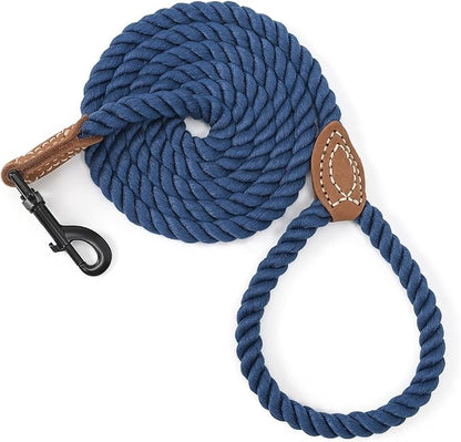 Mile High Life Dog Leash, Braided Cotton Rope Leashes with Leather Tailor Tip with Leather Tip - Heavy Duty Metal Clasp, 6FT, 1/2" Thick - Wedding, Walking Leash for Medium Large Dogs(Navy)