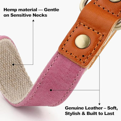 Plutus Pet Genuine Leather & Hemp Dog Collar – Adjustable Heavy Duty Pet Collar with Quick Release Metal Buckle, Soft & Stylish for Puppy and Small, Medium, Large Dogs (Pink, S)