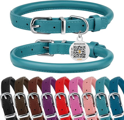 BRONZEDOG Rolled Leather Dog Collar for Small Medium Large Dogs with QR ID Tag (M: 14-16 Inch, Teal)