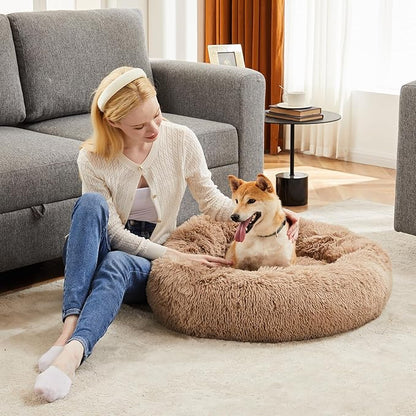 DUMOS 30.7x30.7 Inch Calming Donut Dog Beds for Large Dogs, Machine Washable Cuddler Warming Cozy Fluffy Faux Fur Plush Round Pet Bed, Anti-Slip Bed for Indoor Dogs and Cats, Brown