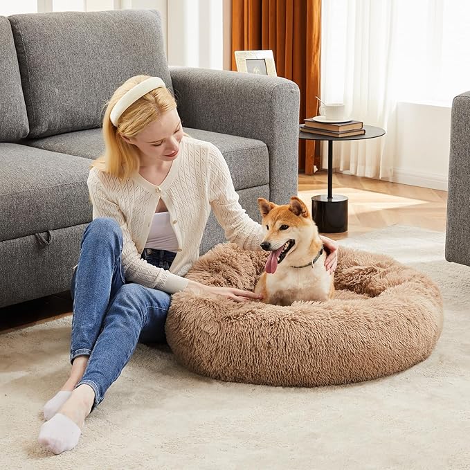 DUMOS 37.4x37.4 Inch Calming Donut Dog Beds for Large Dogs, Machine Washable Cuddler Warming Cozy Fluffy Faux Fur Plush Round Pet Bed, Anti-Slip Bed for Indoor Dogs and Cats, Brown
