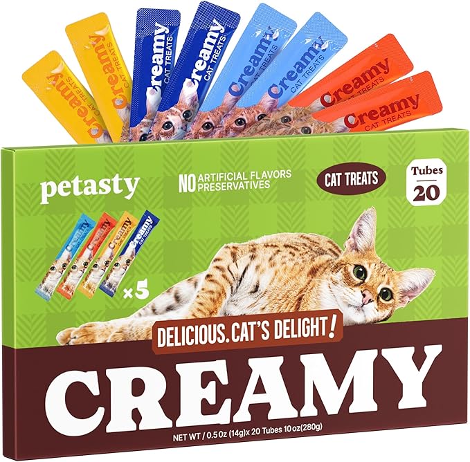 PETASTY Lickable Cat Treats, Grain-Free, Squeezable Soft Creamy Puree, High Moisture Hydrating Wet Cat Treat with Prebiotics & Fish Oil for Daily Interactive Training Reward, 0.5oz, 20 Tubes, Variety