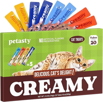PETASTY Lickable Cat Treats, Grain-Free, Squeezable Soft Creamy Puree, High Moisture Hydrating Wet Cat Treat with Prebiotics & Fish Oil for Daily Interactive Training Reward, 0.5oz, 20 Tubes, Variety