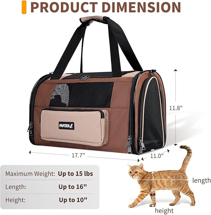 PAPZER Collapsible Small Pet Carrier for Cat 15 lbs with Fashion Pocket, Lightweight Sturdy Travel Carry Bag Little Puppy Dog, Breathable Stylish Kitten Soft Cage Kennel, 17.7x11.0x11.8 Inch Khaki