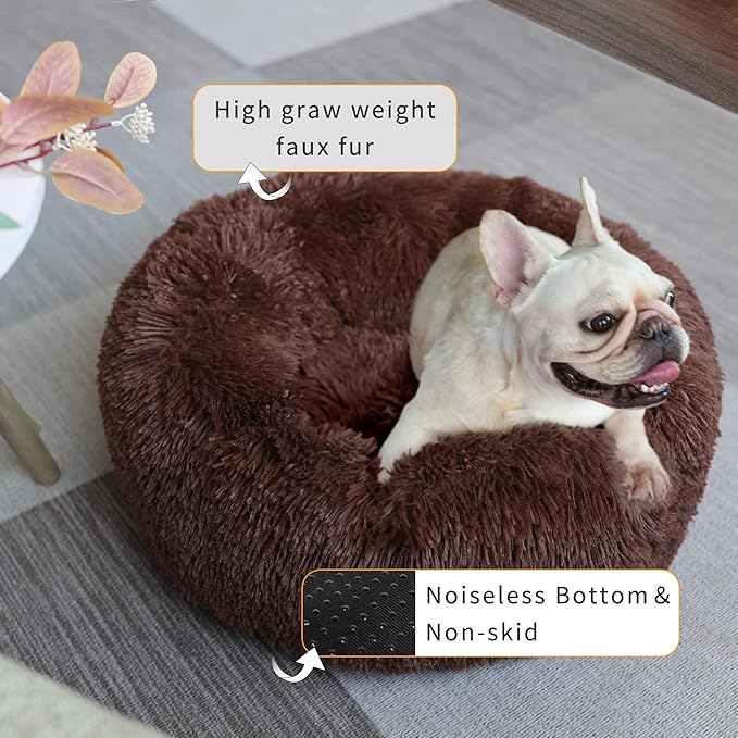 Calming Donut Dogs Beds for Small Dogs Washable,23inch Plush Round Pet Bed for Cozy Sleep,Fluffy Faux Fur Large Cat Bed,Fits up to 25 lbs Pets,Chocolate Brown