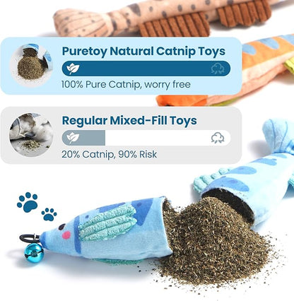 PURETOY Catnip Toys, [12000mg] Extra Large Toys for Indoor Cats with Removable Bell, 100% Natural North American Catnip Floppy Fish Cat, Crinkle Sound & Soft Cotton-Free Surface