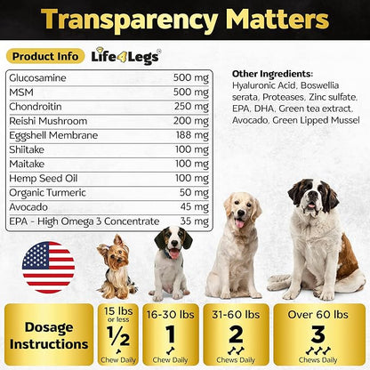Life4Legs - Soft Chews Hip and Joint Supplement for Dogs - Dog Joint Pain Relief Treats - Glucosamine, Chondroitin, Turmeric- Mobility Bites Supplement