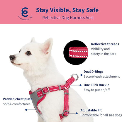 Blueberry Pet Pastel Colored Reflective Dog Harness with Seatbelt Clip – Adjustable No-Pull Pet Vest for Walking and Car Safety, Small Size in Very Berry