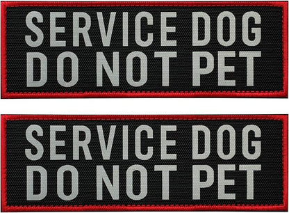 FITZNORA 2 Pcs Reflective Service Dog Do Not Pet Patch Set with Hook and Loop Fastener, Embroidered Border with Printed Letters Patch for Dog Vest Harness Collar (6 x 2 inches)
