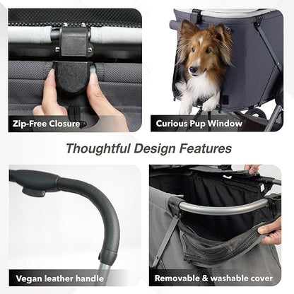 ibiyaya Maxi Deep Carriage Pet Stroller for Cats and Small Dogs – Flat-Free Rubber Wheels, One-Hand Fold, Extra-Tall Cabin (Twin Gray)